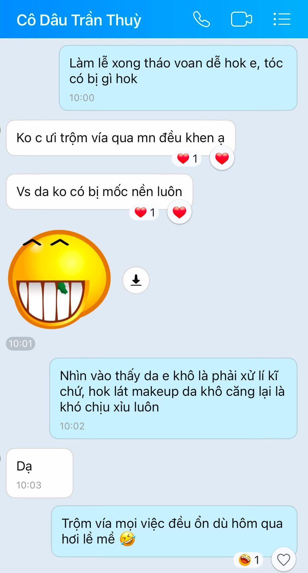 Tin nhắn cô dâu Trần Thuỳ phản hồi về độ bền nền và tóc cưới